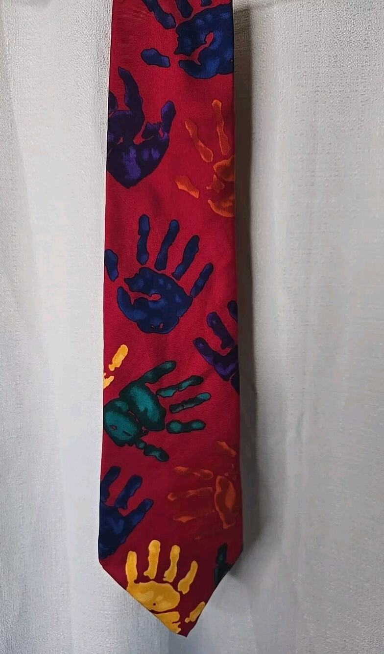 Vintage Red Save The Children 'Lend A Hand' 100% Silk Handprint Neck Tie Rare